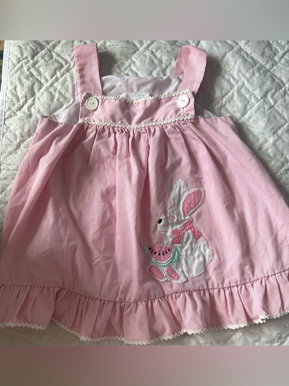 Vintage Girls 3T Easter Bunny Pink White Striped Overall Dress Embroidered 90s
